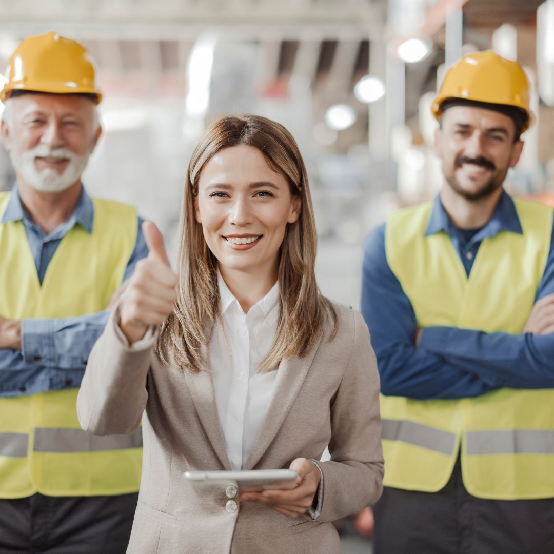 construction workers and woman in suit